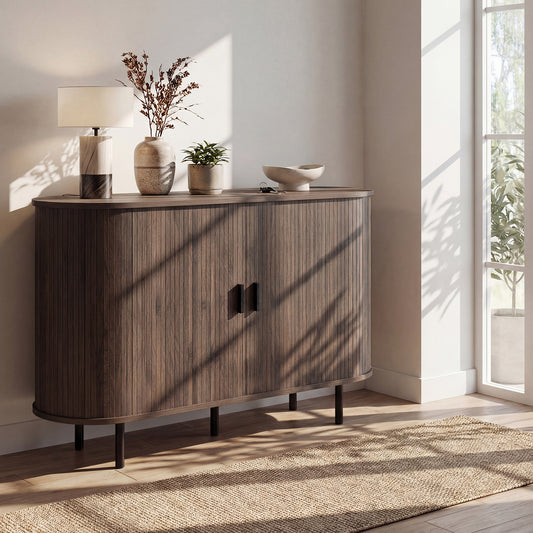 47 Inch Fluted Sideboard Buffet Cabinet, Tambour Sliding Doors, Walnut Sideboards Cabinets & Buffets Walnut at Gallery Canada