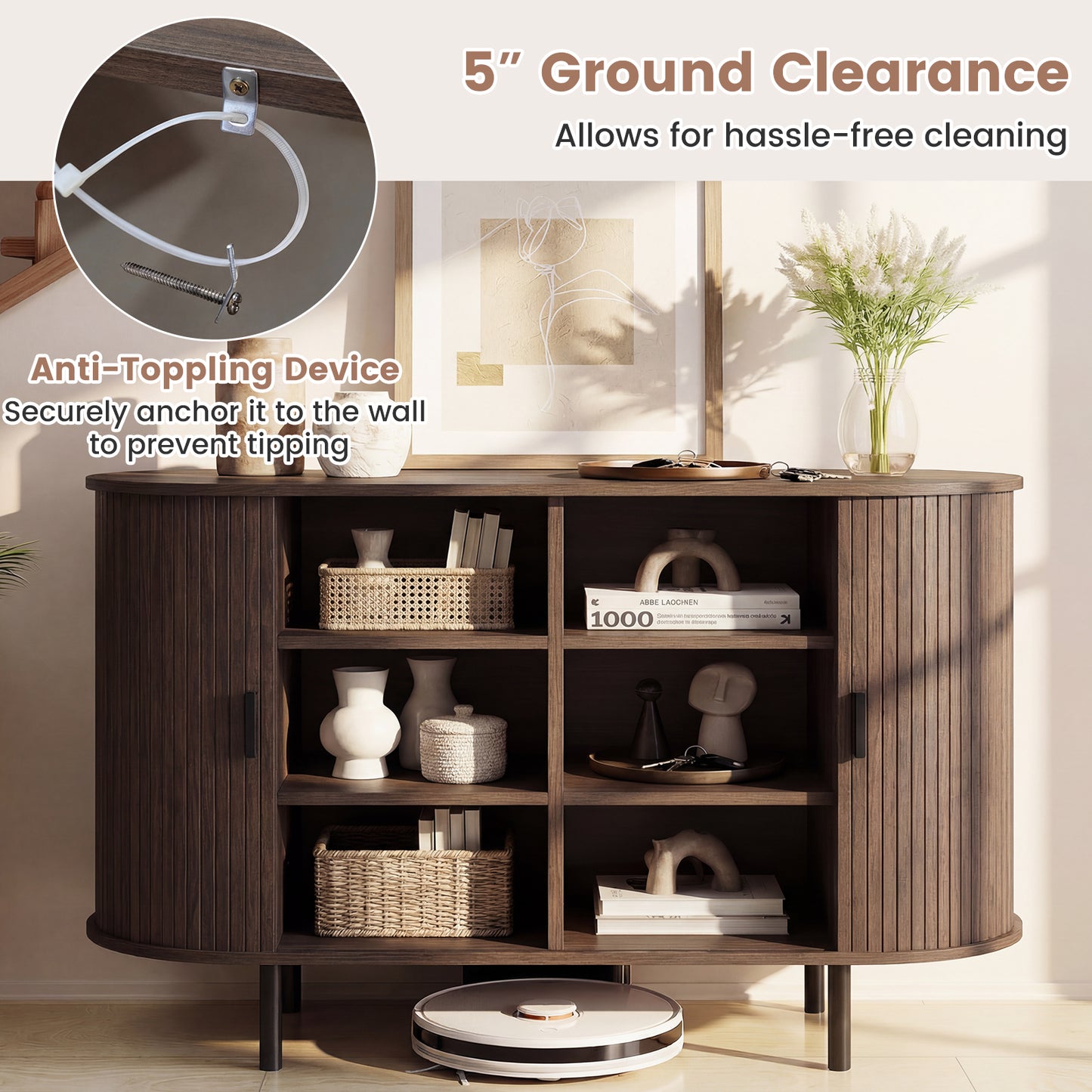 47 Inch Fluted Sideboard Buffet Cabinet, Tambour Sliding Doors, Walnut Sideboards Cabinets & Buffets at Gallery Canada