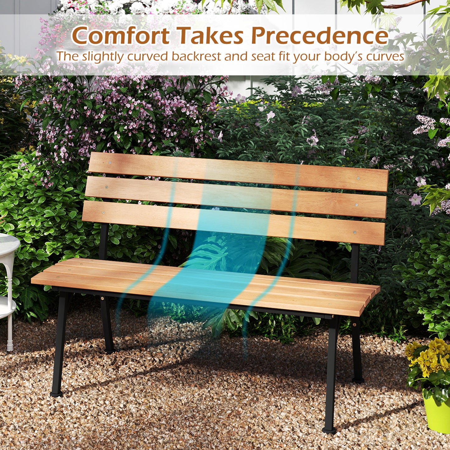 47 Inch Outdoor Acacia Wood Bench with Metal Frame and Slatted Seat Outdoor Benches at Gallery Canada