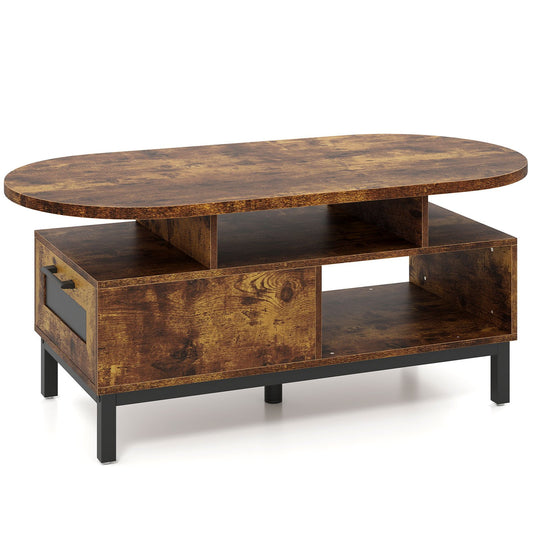 47 Inch Oval Coffee Table with Storage and Open Compartments for Living Room, Rustic Brown