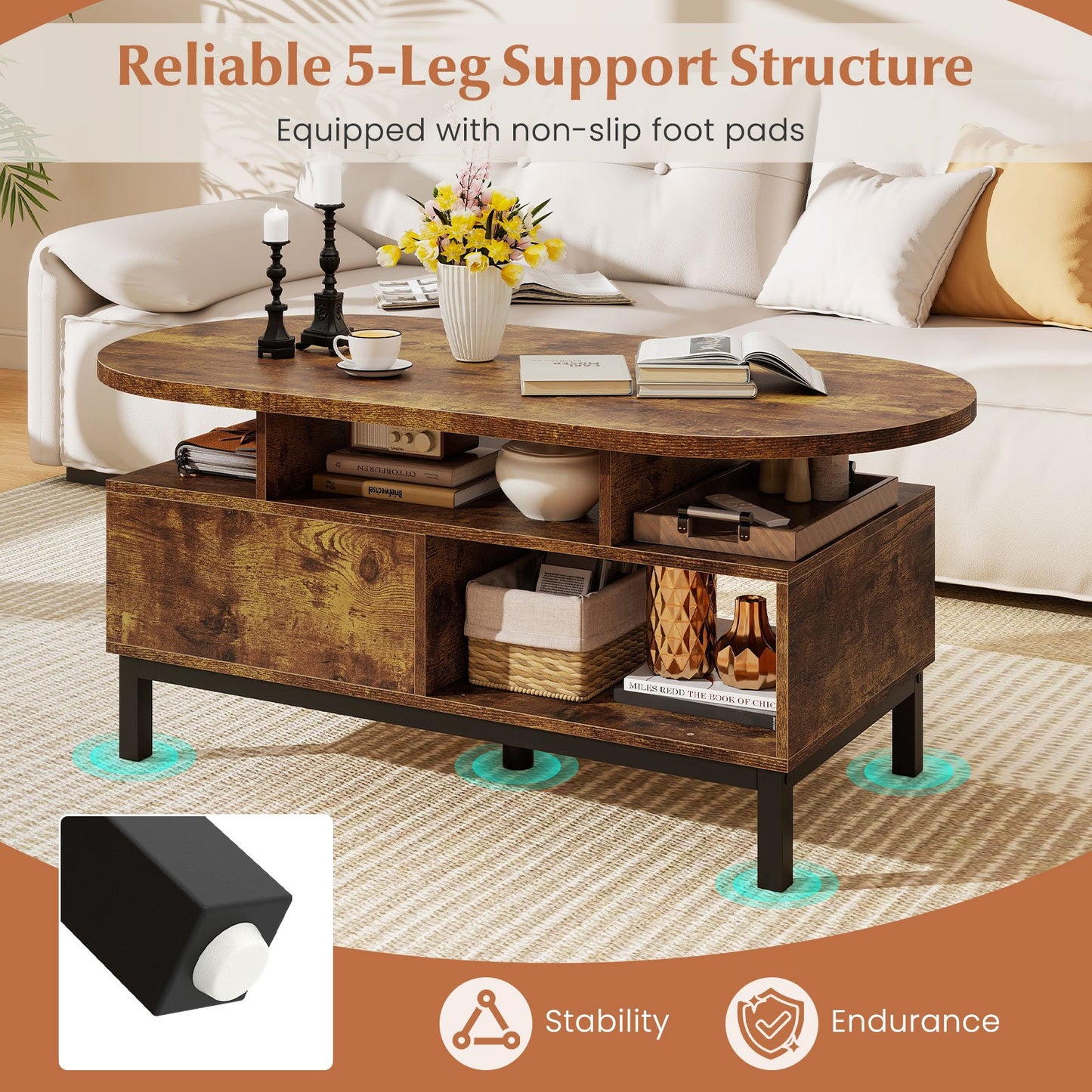 47 Inch Oval Coffee Table with Storage and Open Compartments for Living Room, Rustic Brown Coffee Tables at Gallery Canada