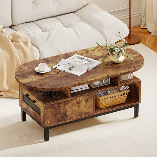 47 Inch Oval Coffee Table, Storage, Open Compartments, Rustic Brown Coffee Tables Rustic Brown at Gallery Canada