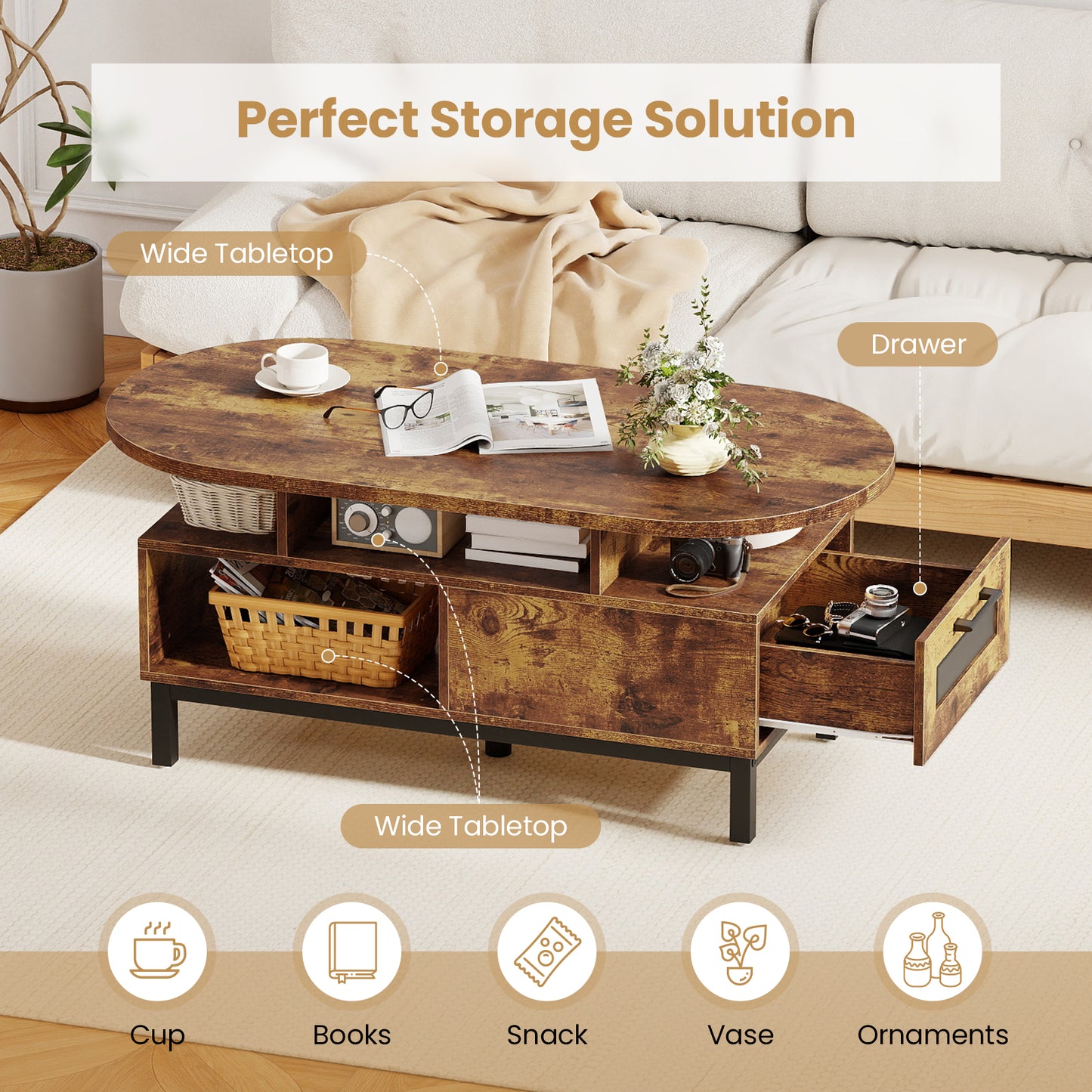 47 Inch Oval Coffee Table, Storage, Open Compartments, Rustic Brown Coffee Tables at Gallery Canada