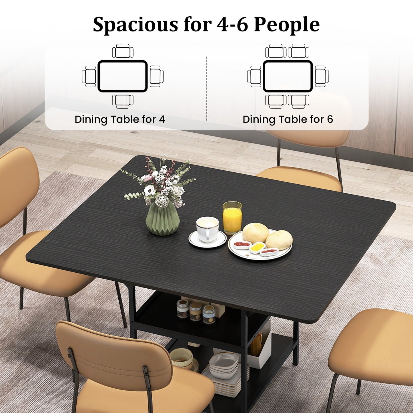 47 Inch Rectangular Dining Table, 2 Storage Shelves, Metal Legs, Black Dining Tables at Gallery Canada