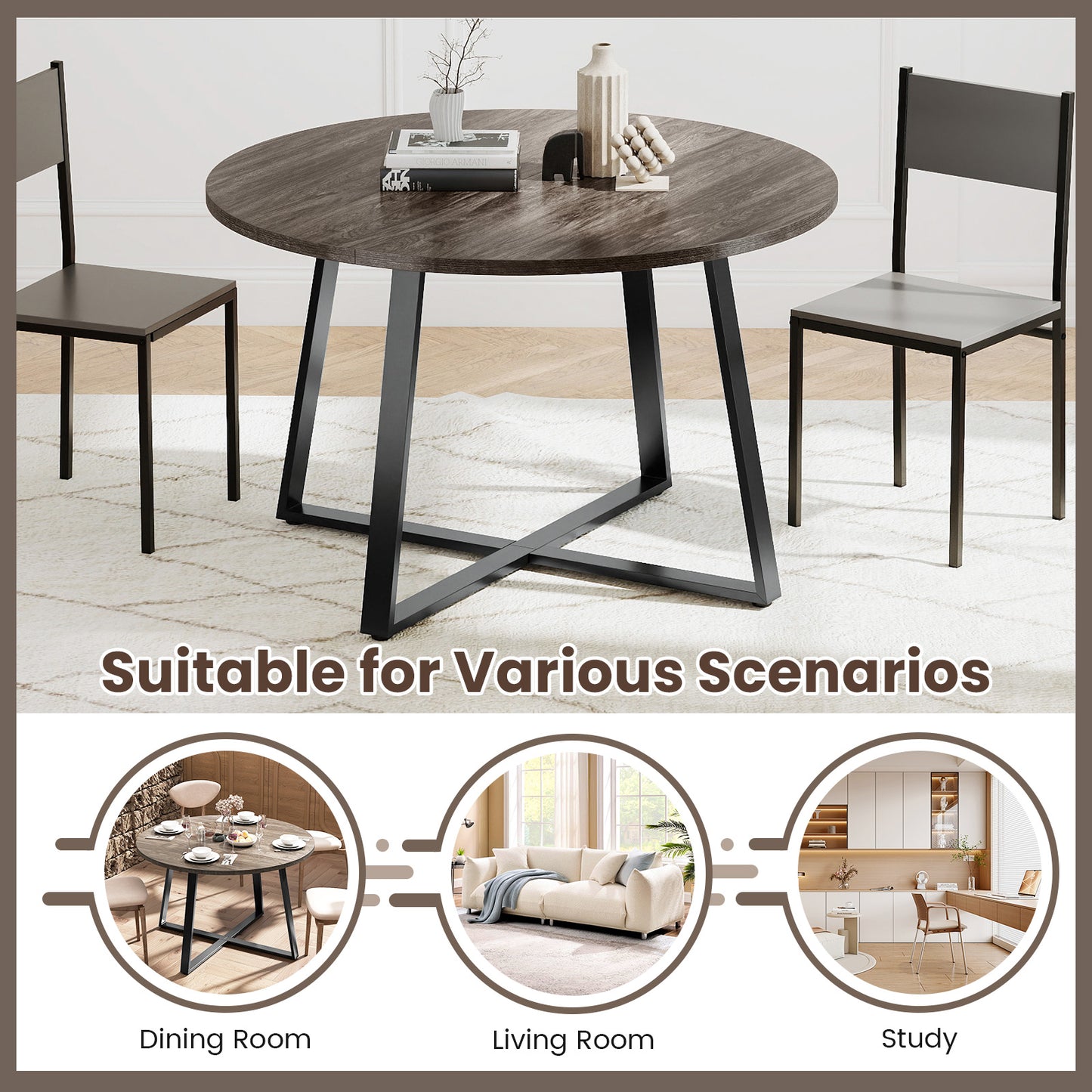 47 Inch Round Dining Table with Stable X-shaped Base and Round Thickened Tabletop-Grey, Gray Dining Tables at Gallery Canada