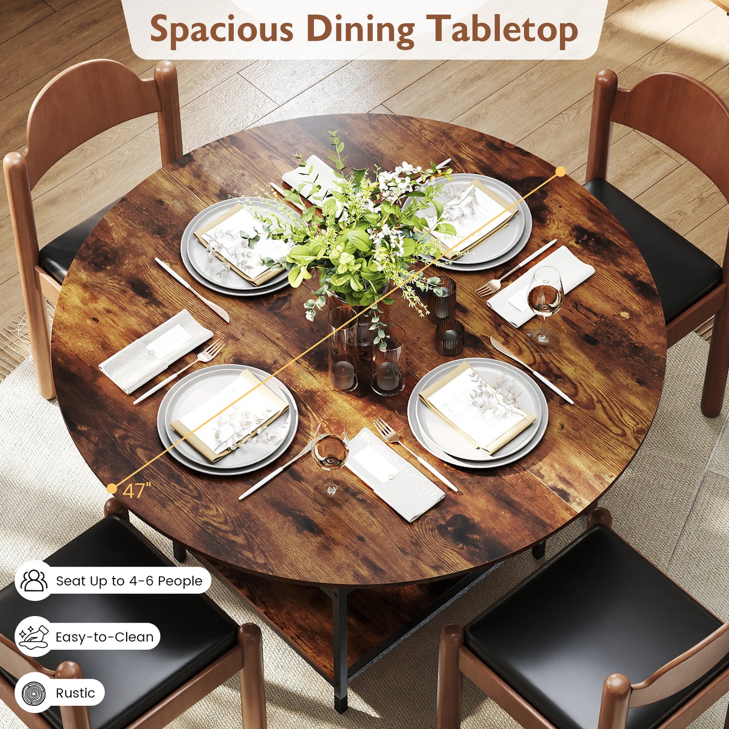 47 Inch Round Dining Table for 4-6 People Large Kitchen Table with 2-Tier Storage Shelves, Rustic Brown Dining Tables at Gallery Canada