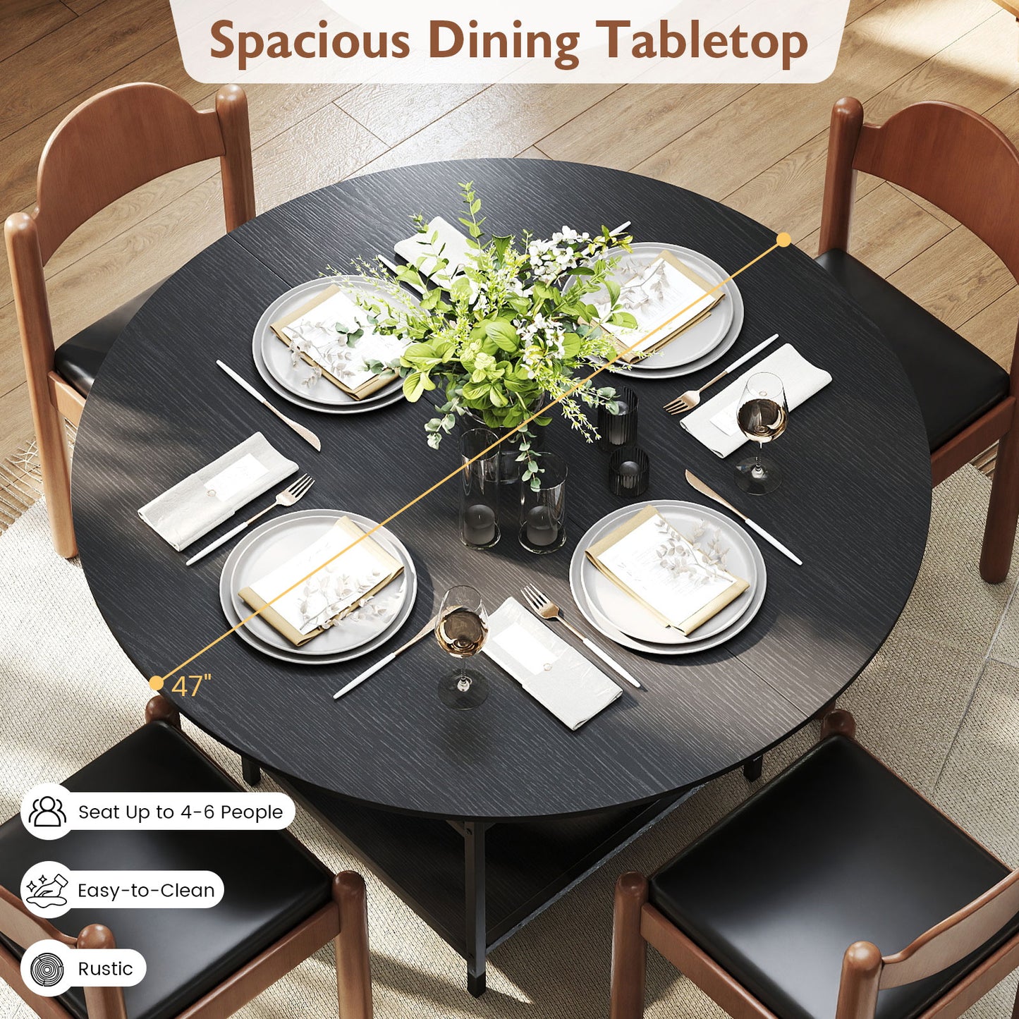 47 Inch Round Dining Table for 4-6 People Large Kitchen Table with 2-Tier Storage Shelves, Black Dining Tables at Gallery Canada