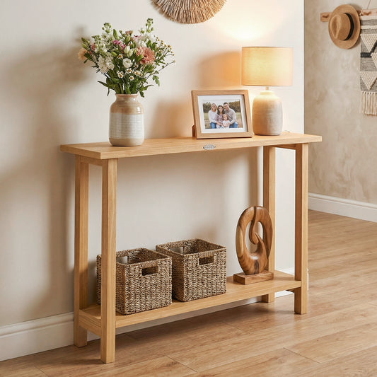 47 Inch Solid Wood Console Table, Storage Shelf, Natural, Teak Console Tables Natural at Gallery Canada
