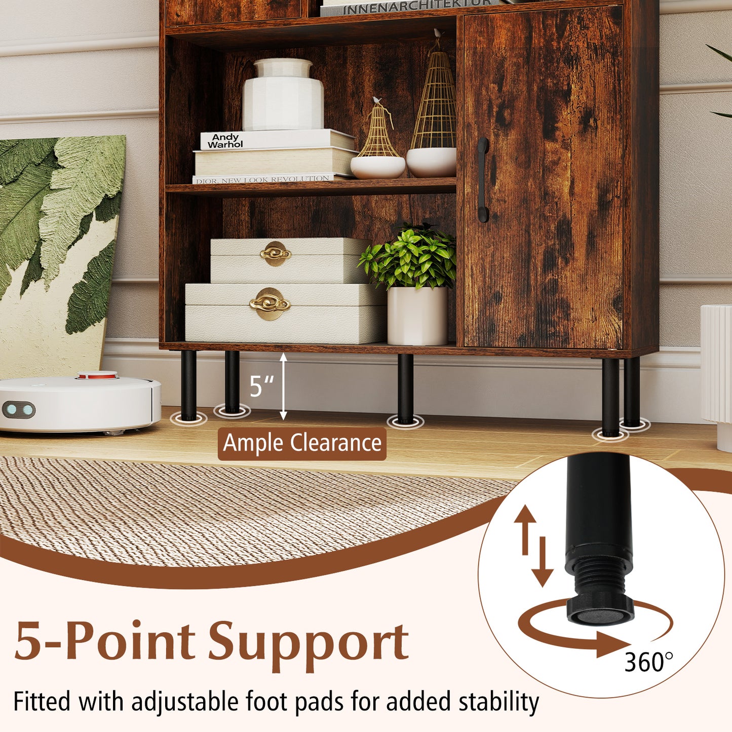 47 Inch Storage Cabinet Freestanding Bookcase with 2 Doors and 4 Open Shelves, Rustic Brown Bookcases at Gallery Canada