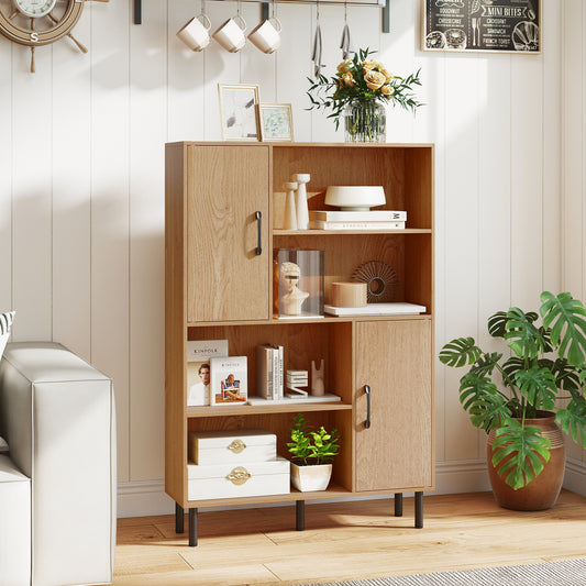 47 Inch Storage Cabinet Freestanding Bookcase with 2 Doors and 4 Open Shelves, Natural Bookcases Natural at Gallery Canada