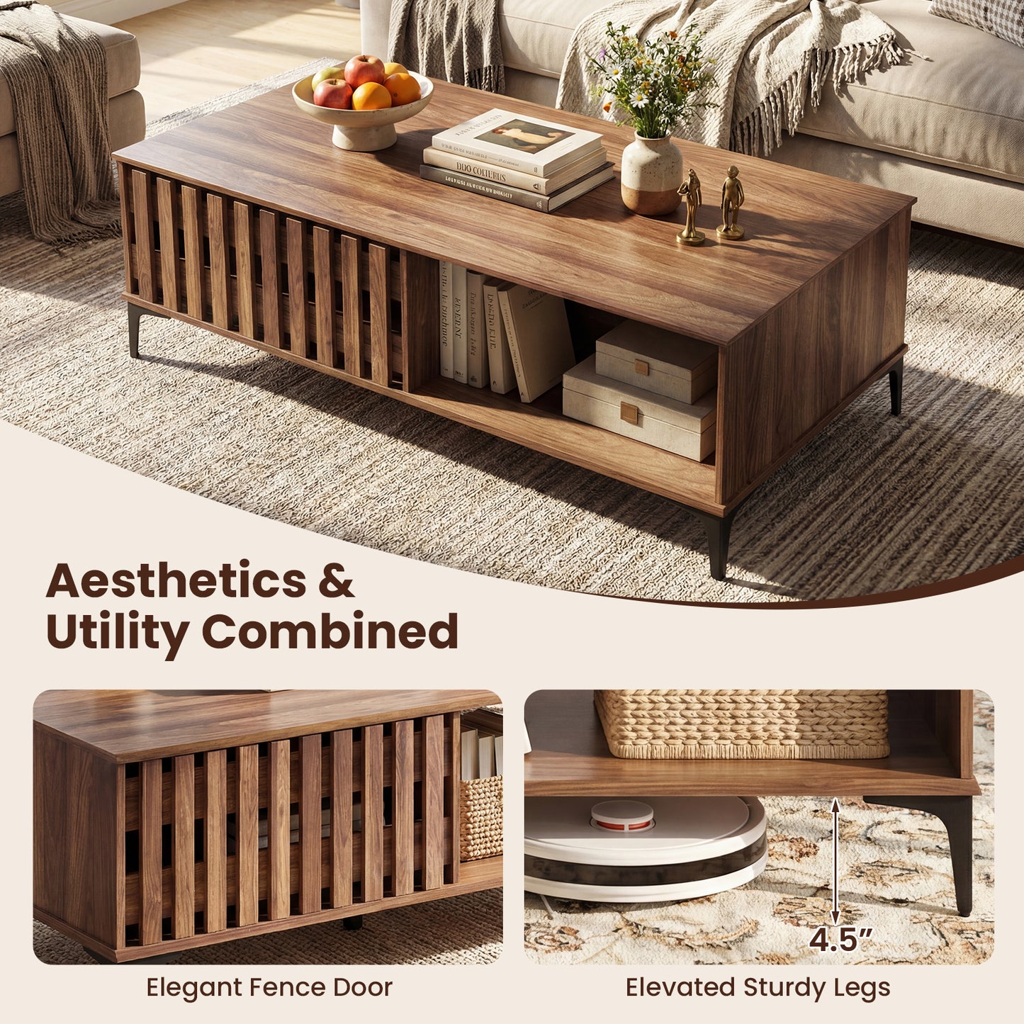 47 Inch Mid Century Coffee Table, Farmhouse Wooden Center Table, Walnut Entertainment Centers & TV Stands at Gallery Canada