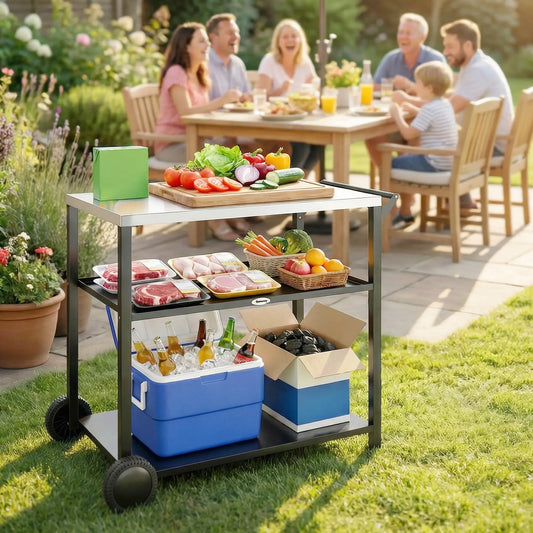 Outdoor Grill Cart, Stainless Steel Tabletop, 3-Tier BBQ Stand, Black Outdoor Grill Carts Black at Gallery Canada