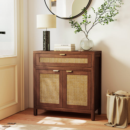 Sideboard Storage Cabinet with Rattan Doors and Drawer, Brown Sideboards Cabinets & Buffets Brown at Gallery Canada