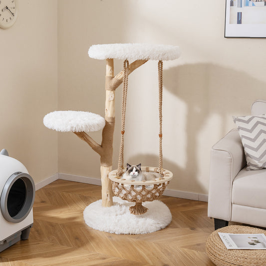 48.5 Inch Solid Wood Cat Tree, Hanging Cradle, Jute Scratching Post, White Cat Trees Condos & Scratchers White at Gallery Canada