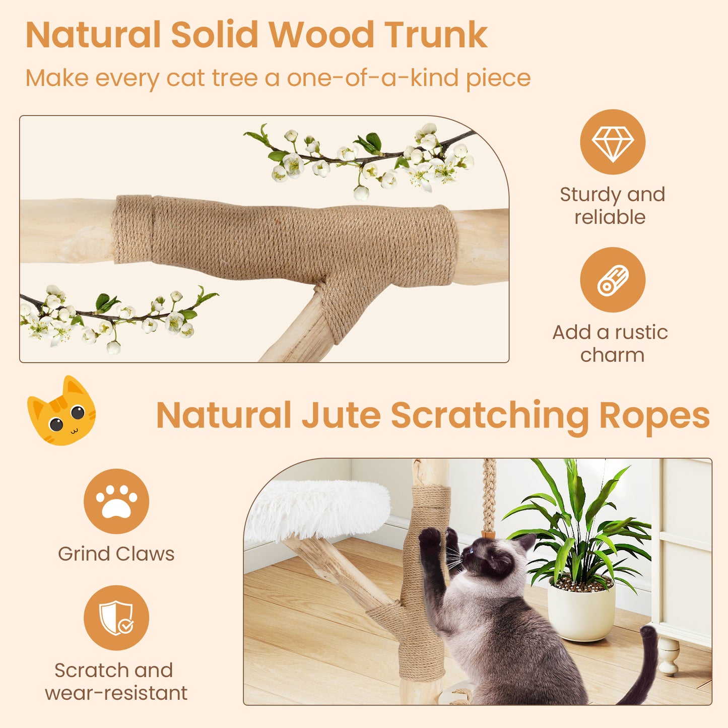 48.5 Inch Solid Wood Cat Tree, Hanging Cradle, Jute Scratching Post, White Cat Trees Condos & Scratchers at Gallery Canada