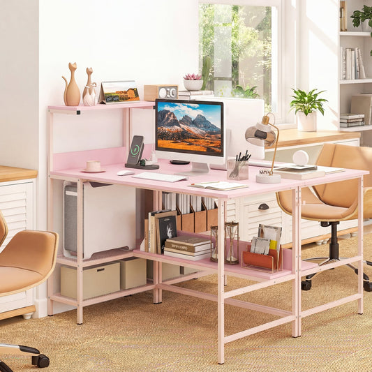 48 Inch Computer Desk With Power Outlets, Storage Shelves, Pink Computer Desks Pink at Gallery Canada