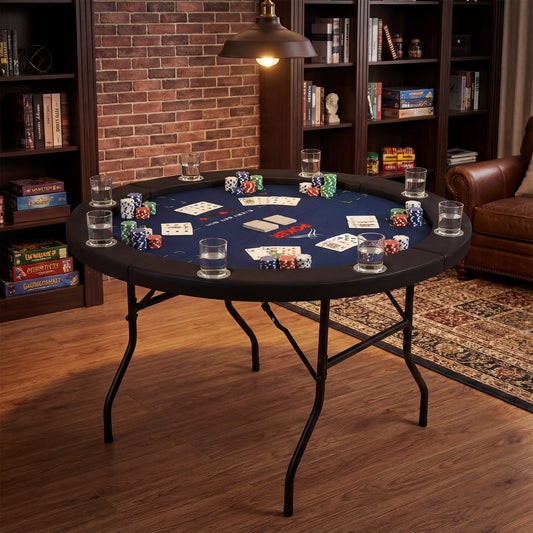 48 Inch Foldable Poker Table with 8 Cup Holders and Padded Edges, Blue