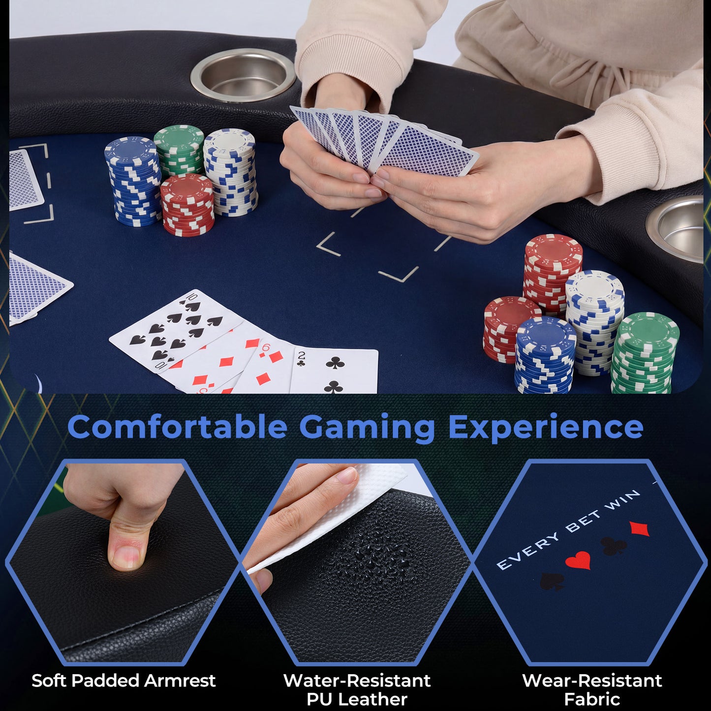 48 Inch Foldable Poker Table with 8 Cup Holders and Padded Edges, Blue Game Room at Gallery Canada