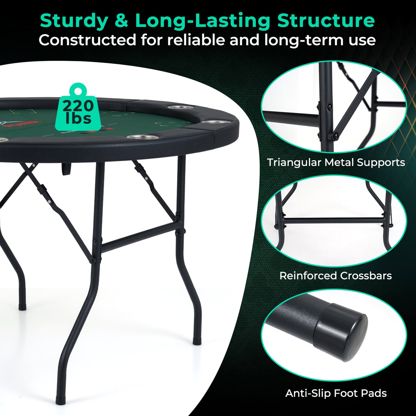 48 Inch Foldable Poker Table with 8 Cup Holders and Padded Edges, Green