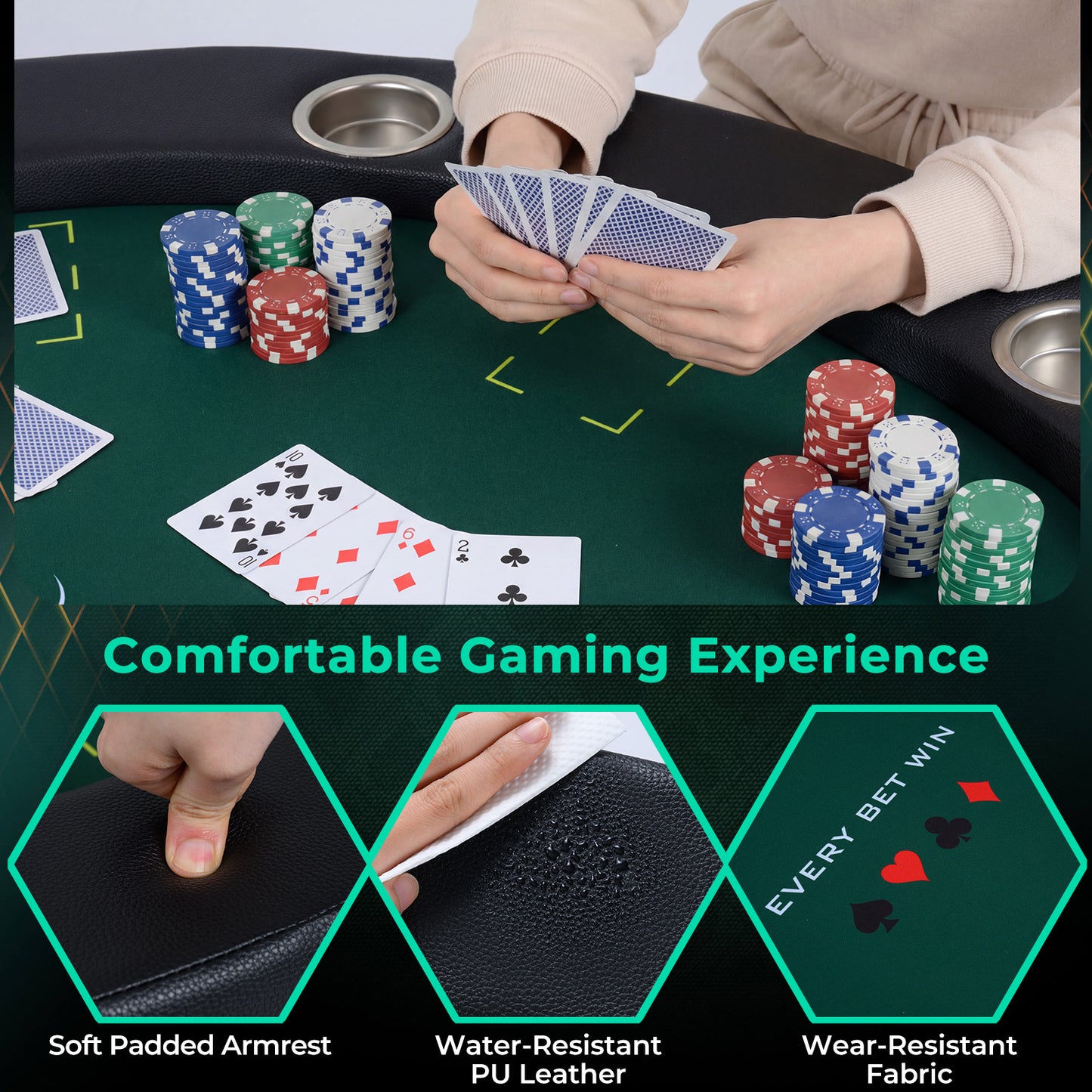 48 Inch Foldable Poker Table with 8 Cup Holders and Padded Edges, Green Game Room at Gallery Canada