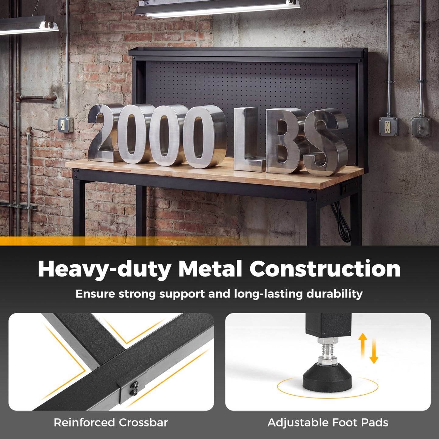 48 Inch Heavy Duty Workbench With AC USB Outlets, Pegboard, Natural Garages at Gallery Canada