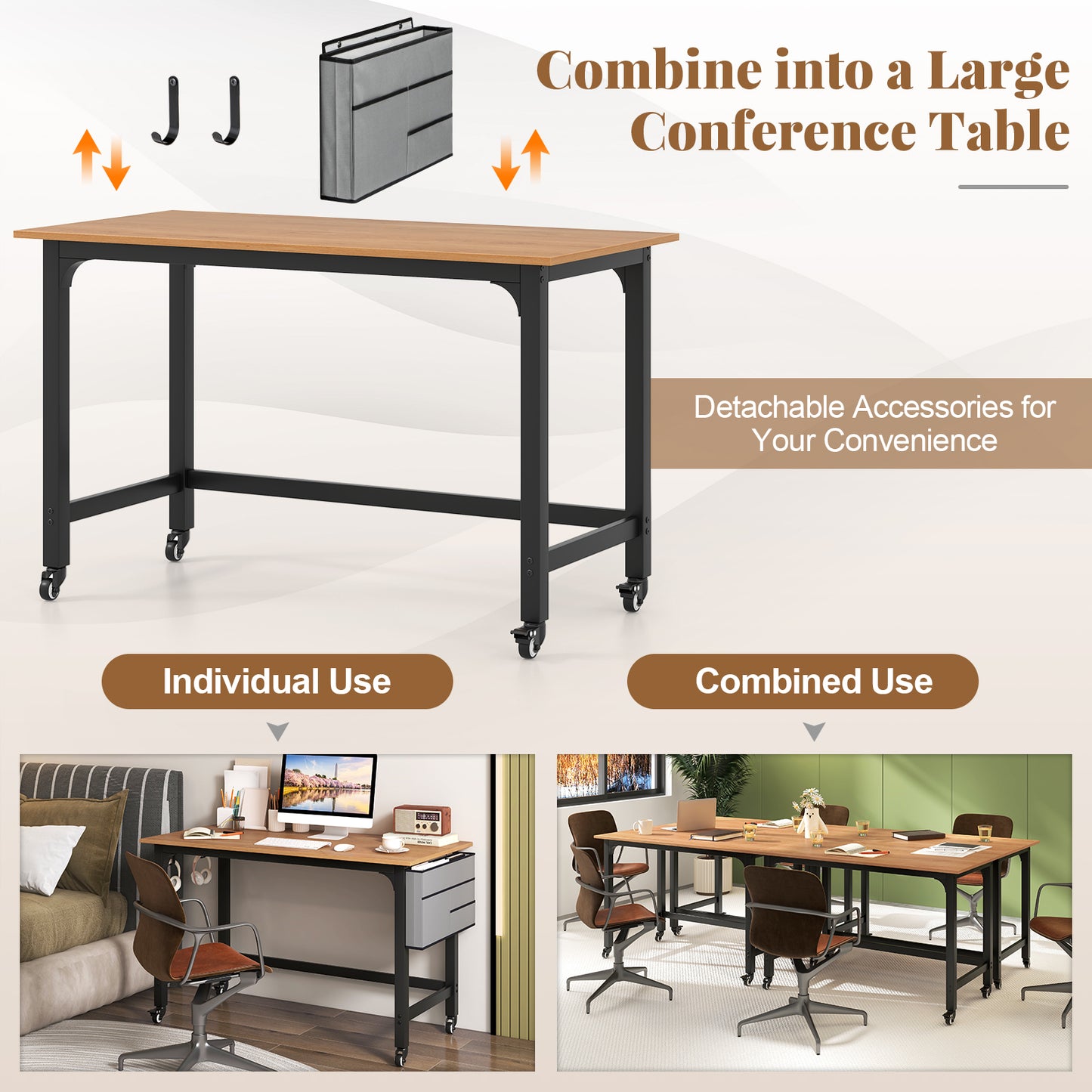 48 Inch Rolling Computer Desk, Heavy Duty Metal Frame, Natural
