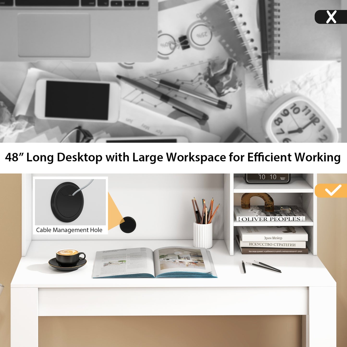 48 Inch Computer Desk, Anti-Tipping Kits, Cable Management Hole, White Computer Desks at Gallery Canada