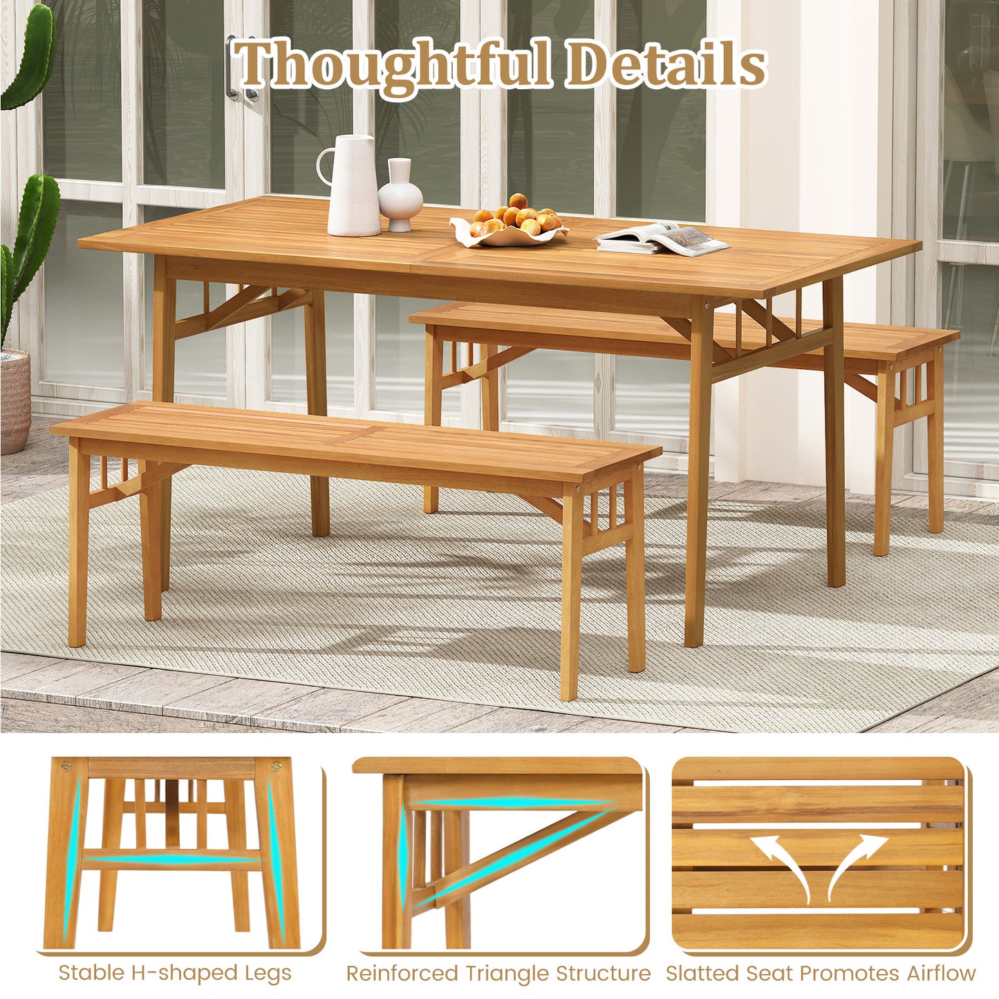 48 Inch Acacia Wood Bench, Breathable Slat Seat, Stable Triangular Structure Outdoor Benches at Gallery Canada