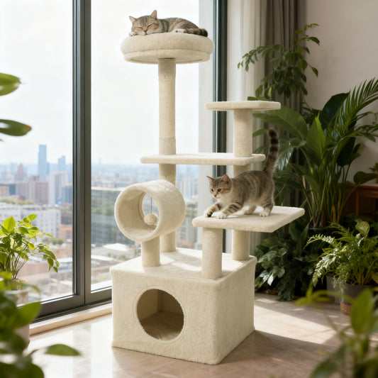 48 Inches Tall Cat Tree Multi-Level Kitten Tower with Large Condo Padded Top Perch, Beige Cat Trees Condos & Scratchers Beige at Gallery Canada