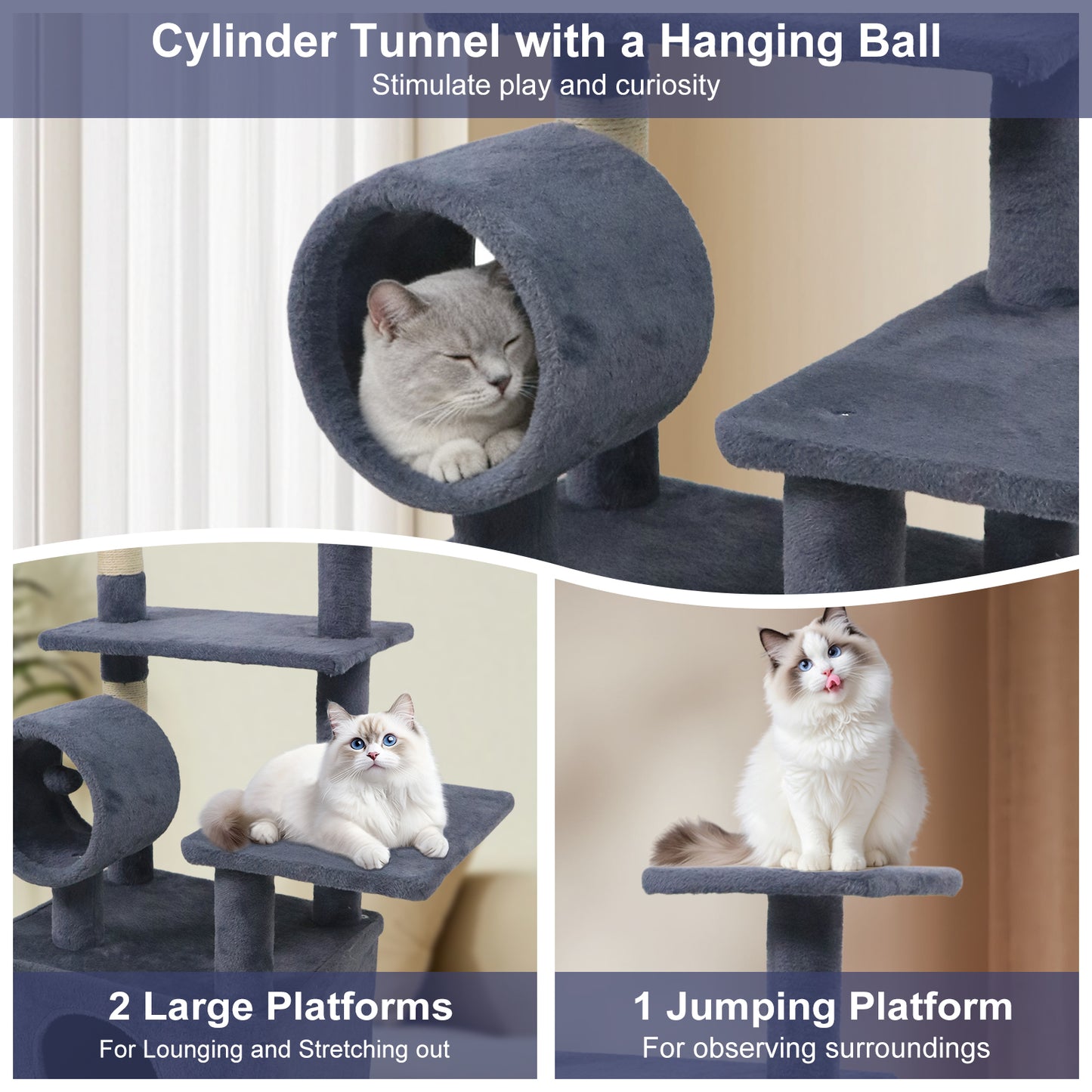 48 Inches Tall Cat Tree Multi-Level Kitten Tower with Large Condo Padded Top Perch-Grey, Gray Cat Trees Condos & Scratchers at Gallery Canada