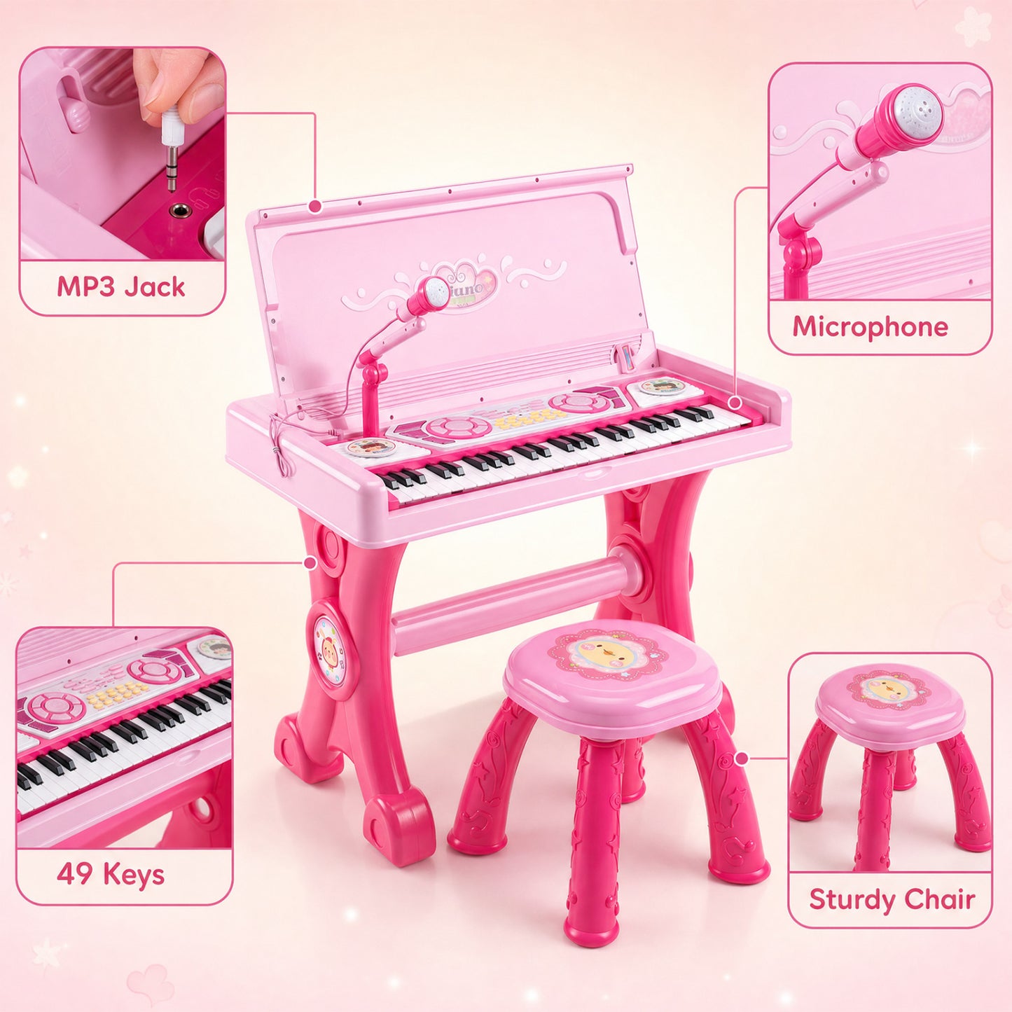 Piano électrique pour enfants, 49 touches, avec tabouret et micro, rose