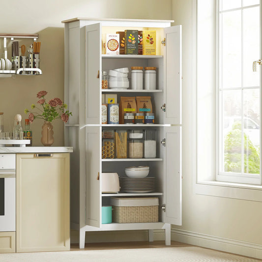 69.5" Tall Kitchen Pantry Cabinet, Motion Sensor LED Light, White Kitchen Pantry Cabinets White, Natural at Gallery Canada