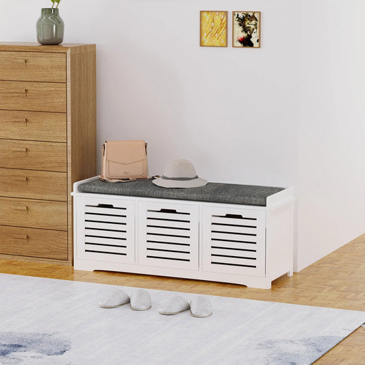 Upholstered Shoe Cabinet Bench, 3 Drawer Storage, White Shoe Storage Cabinets & Racks Grey seat, White others at Gallery Canada