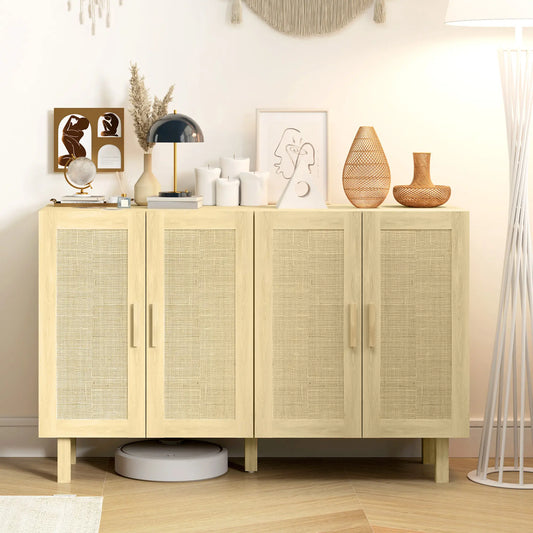 Boho Sideboard Cabinet, 4 Rattan Doors, Adjustable Shelves, Natural