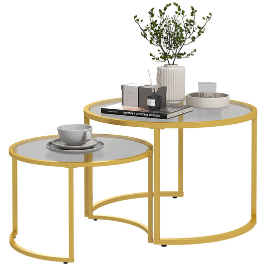 Round Coffee Table Set of 2, Modern Nesting Tables with Tempered Glass Top and Steel Frame for Living Room, Gold at Gallery Canada
