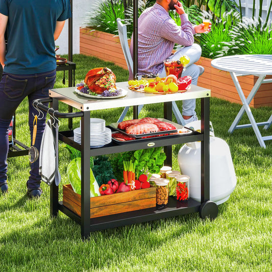 3-Shelf Outdoor Grill Cart, Stainless Steel Top, Movable BBQ Table, Charcoal Grey Outdoor Grill Carts Charcoal Grey, Silver at Gallery Canada