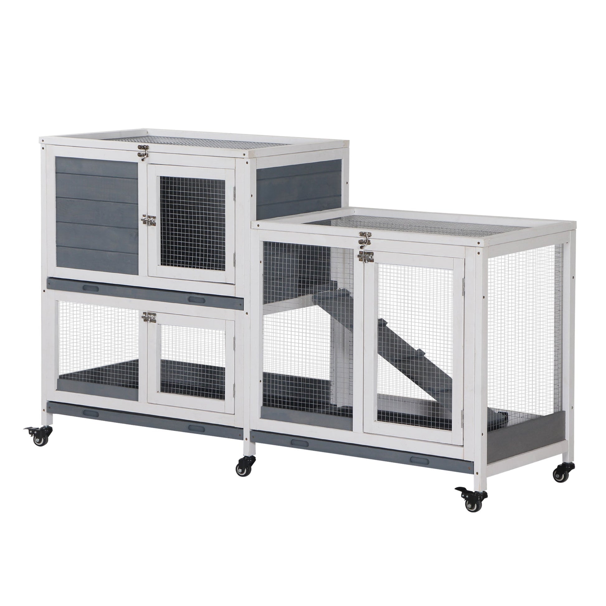 Wooden Rabbit Hutch Elevated Pet House Bunny Cage Small Animal Habitat with Slide-out Tray Lockable Door Openable Top for Indoor 58" x 18" x 35" Grey at Gallery Canada