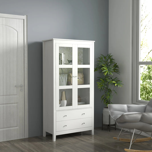 Kitchen Pantry Cabinet, Freestanding with 3-Tier Shelves, 2 Drawers, Glass Doors, White Storage Cabinets White at Gallery Canada