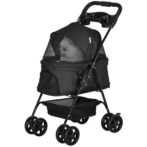 Dog Stroller Foldable Design with Storage Basket, Adjustable Canopy, Cup Holder, Safety Leashes, for Mini Dogs, Black