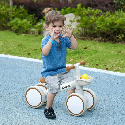 Toddler Balance Bike, Adjustable Seat, Removable Basket, 4 Wheels, Brown Riding & Rocking Toys Brown, White at Gallery Canada