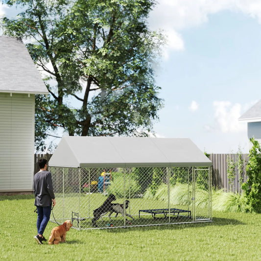 Galvanized Steel Outdoor Dog Kennel, Safety Lock, 13.1' x 7.5' x 7.8' Houses, Kennels & Pens Silver at Gallery Canada