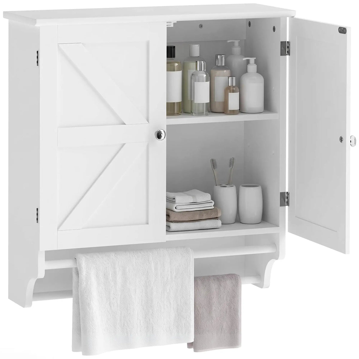 Bathroom Wall Cabinet with Adjustable Shelf, 2 Doors, Towel Racks, White