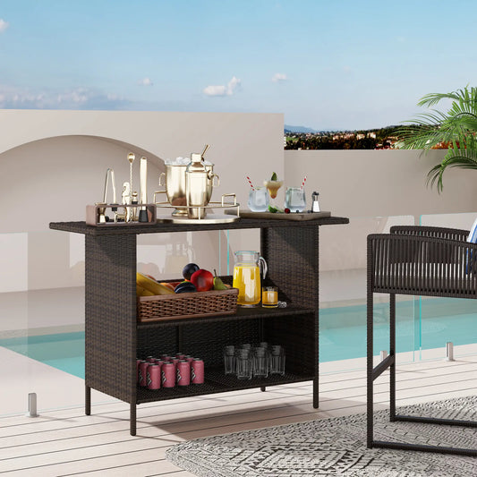Wicker Outdoor Bar Table, PE Rattan, 2 Shelves, Steel Frame, Dark Brown Bistro Sets Dark Brown at Gallery Canada
