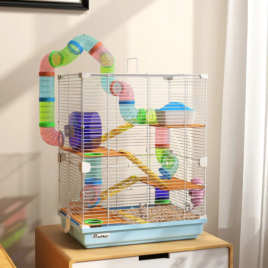 Cage pour Hamster à 5 Niveaux avec Roues, Tube, Bouteille d'Eau, Bleu Clair