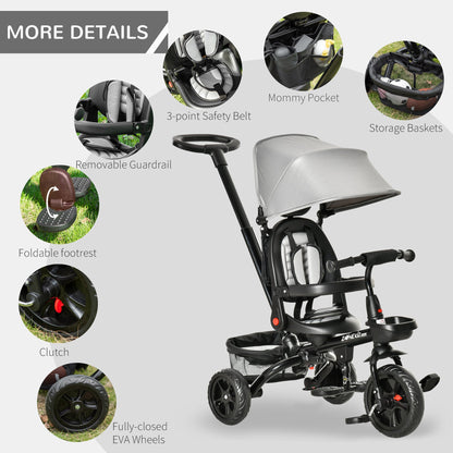 Baby Tricycle 4 In 1 Trike w/ Reversible Angle Adjustable Seat Removable Handle Canopy Handrail Belt Storage Footrest Brake Clutch for 1-5 Years Old Grey at Gallery Canada