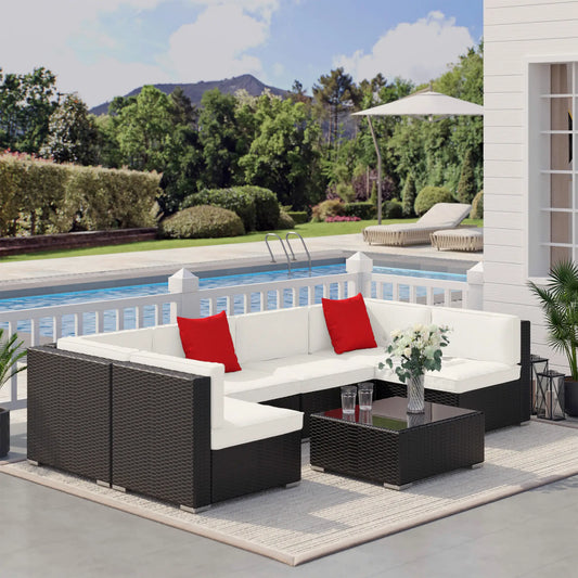 7 Piece Patio Sofa Set, Outdoor Wicker Sectional, Dark Brown & Beige, Dark Brown & Beige Patio Furniture Sets Dark Brown Rattan, Beige Fabric at Gallery Canada
