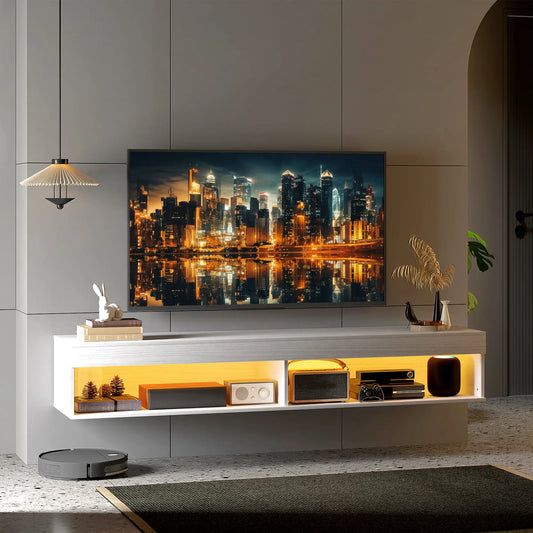 Wall Mounted TV Stand With Storage, LED Lights, For TVs Up To 75", White TV Stands White at Gallery Canada
