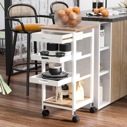 4-Tier Kitchen Cart, Removable Serving Tray, Wheels with Drawer, White Kitchen Islands & Kitchen Carts White, Oak Veneered Top at Gallery Canada