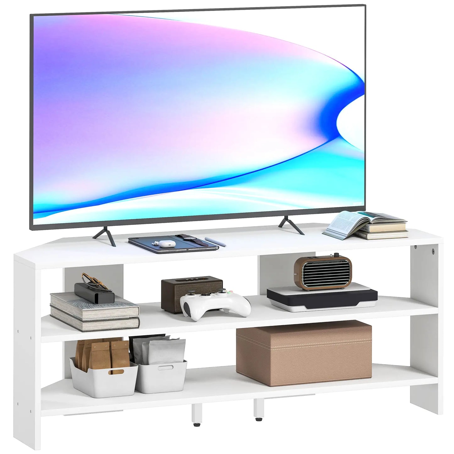 Corner TV Stand, Modern Table with 2 Shelves for 47 Inch TV, White TV Stands at Gallery Canada