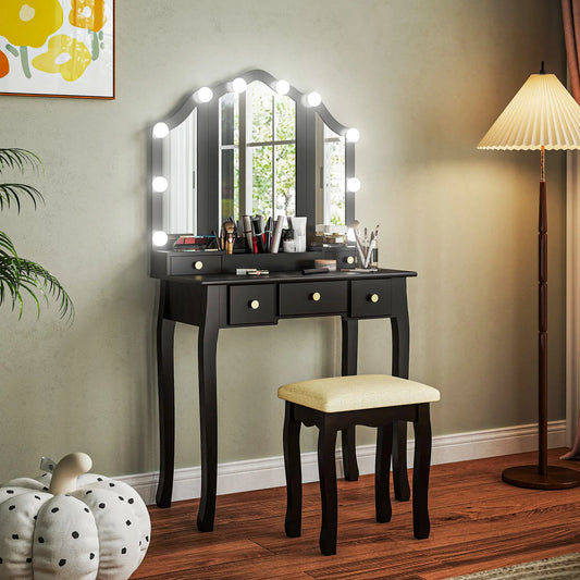 Makeup Vanity Desk with Mirror, Stool, 10 LED Lights, Black Dressing & Vanity Tables Black at Gallery Canada